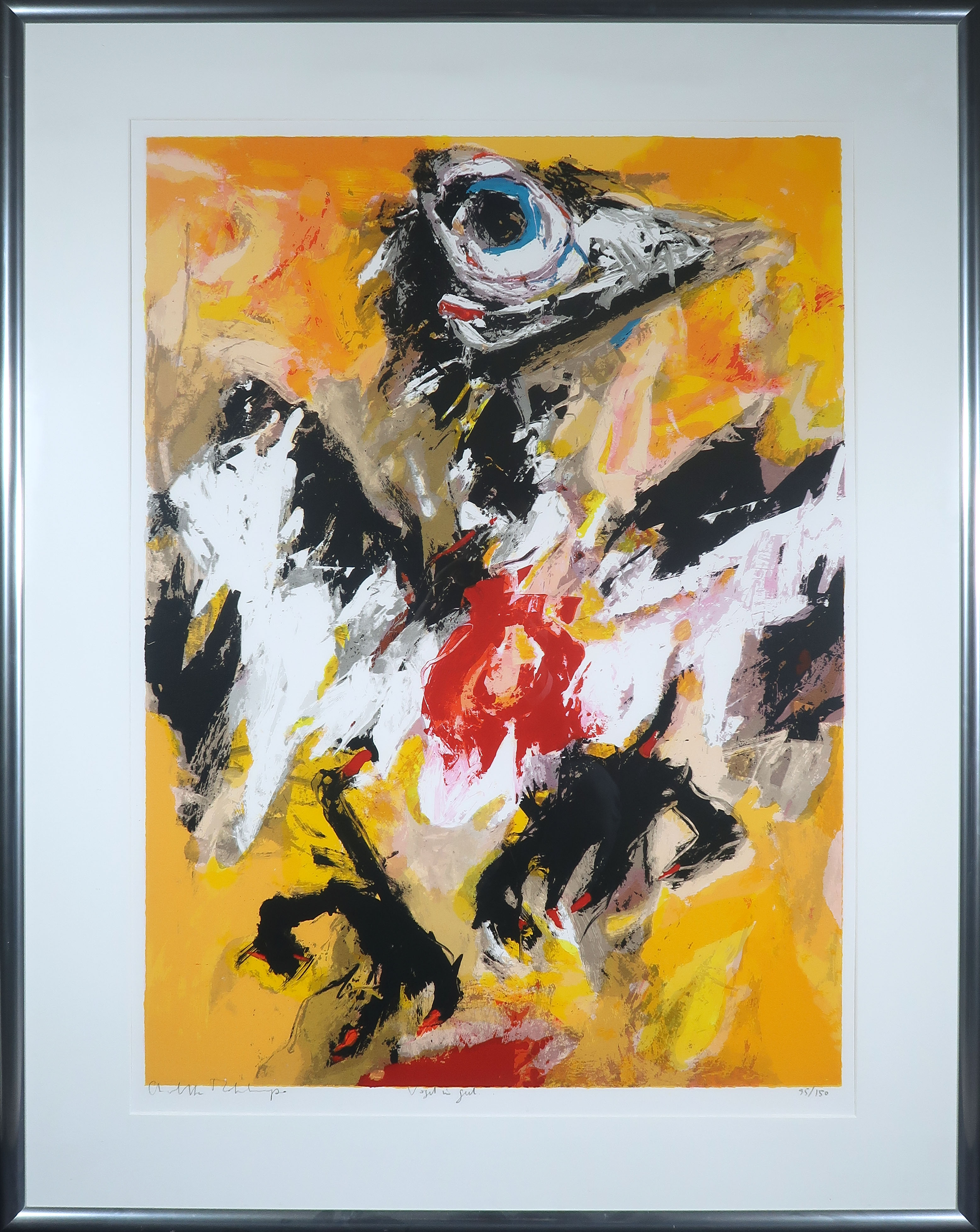 Charlotte Molenkamp - Zeefdruk, Vogel in Geel - Ingelijst (Groot) verkocht voor € 1!