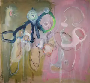 Jan Hoogervorst - Olieverf op paneel, Compositie in roze en groen met blauw - Ingelijst (Zeer Groot) kopen? Bied vanaf 150!