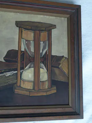 Jo Lodeizen - Olieverf op paneel, Stilleven met boeken en zandloper – 1931 kopen? Bied vanaf 1!