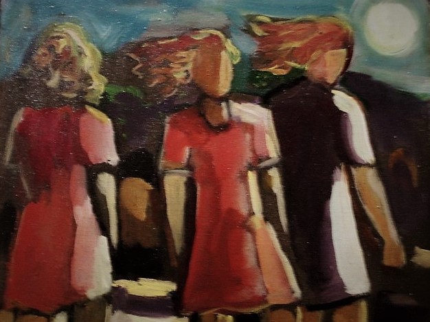 Nei Cardoso - Fraai Acrylverf "3 vrouwen in maanlicht " Brazilie Naïeve Kunst - gesigneerd kopen? Bied vanaf 1!