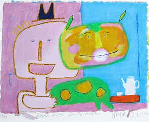 Wouter Stips - Zeefdruk, Kopje koffie, poes op schoot verkocht voor € 35!