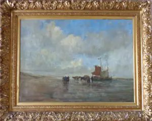 Thamine Tadama-Groeneveld - VISSERS AAN HET STRAND / OLIEVERF DOEK / 106x133cm / KADER / SIG kopen? Bied vanaf 975!