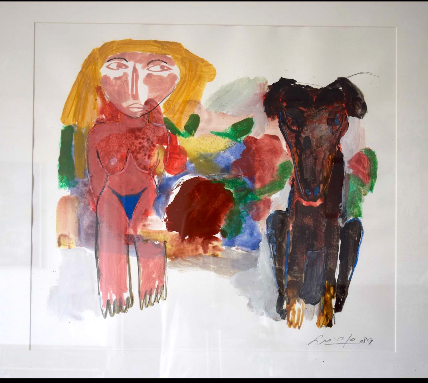 John Lie a Fo - 'Figuur met hond' - Gouache, Prachtig Ingelijst - Groot Werk kopen? Bied vanaf 180!