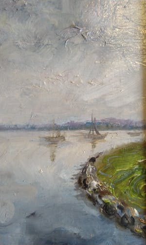 Niet of onleesbaar gesigneerd - Circa 1955 - "Botters op scheepswerf aan water" kopen? Bied vanaf 1!