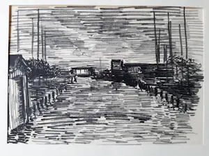 Hugo Liebe - Krijttekening, Haventje te Rijpwetering bij avond. kopen? Bied vanaf 30!
