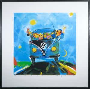 Ad Verstijnen - Zeefdruk, VW Bus - Ingelijst verkocht voor € 50!