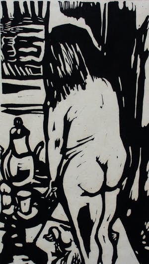 Aad de Haas - Linosnede : Vrouwelijk naakt van achteren gezien, naast een salontafel kopen? Bied vanaf 55!