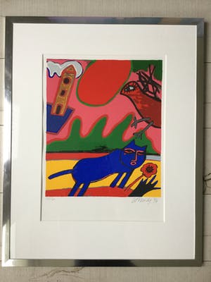 Corneille - Le Chat Blue/ Le Chat VIII - Ingelijste Zeefdruk 1996 - Oplage 35/250 kopen? Bied vanaf 300!