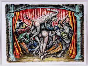 Frank Maieu - galerie d'Eendt 1985 - grote gemengde techniek "het wellustig gevecht" kaufen? Bieten Sie von 480!
