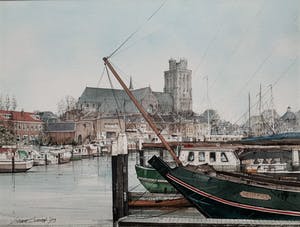 Ciano Siewert - Aquarel | 'Haven van Dordrecht, met de Grote kerk' | 1993 kopen? Bied vanaf 575!