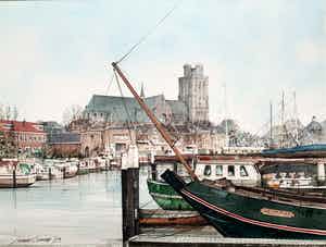 Ciano Siewert - Aquarel | 'Haven van Dordrecht, met de Grote kerk' | 1993 verkocht voor € 575!
