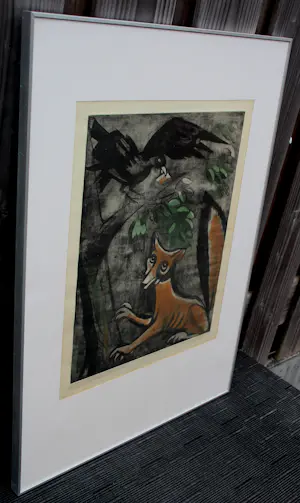 Jeanne Bieruma Oosting - Ingelijste ets/aquatint: 'De raaf en de vos(Fables de la Fontaine)' kopen? Bied vanaf 399!