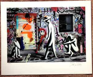 Mark Kostabi - Die Schüssel ist halb leer, aber die Flasche läuft nie trocken verkocht voor € 100!