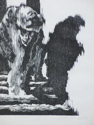 Herman Gordijn - Schimmige figuur op een trap - Houtsnede kopen? Bied vanaf 150!