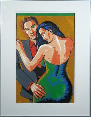 Leon Janssen - Houtsnede, Paar op Oker, Ingelijst kopen? Bied vanaf 50!