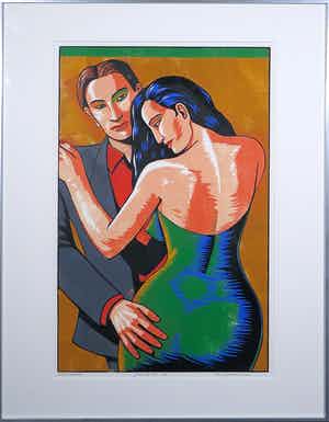 Leon Janssen - Houtsnede, Paar op Oker, Ingelijst verkocht voor € 50!