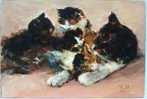 Niet of onleesbaar gesigneerd - Moederpoes met kittens gesigneerd. verkocht voor € 10!