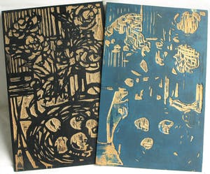 Fon Klement - De 2 dubbelzijdige houten drukblokken van de houtsnede ‘Pioenrozen en appels’ kopen? Bied vanaf 60!