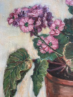 H. Wiegman - Olieverf schilderij roze plant in pot, gelijst en gesigneerd kopen? Bied vanaf 45!