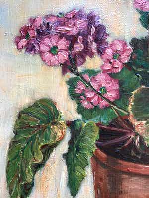 H. Wiegman - Olieverf schilderij roze plant in pot, gelijst en gesigneerd verkocht voor € 45!