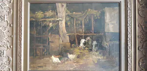 Cornelis Koppenol - Boereninterieur van boerenstal, koeien met kippen. kopen? Bied vanaf 400!