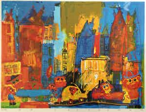 Ad Verstijnen - Big City | vrolijke kleuren zeefdruk (ingelijst) verkocht voor € 175!