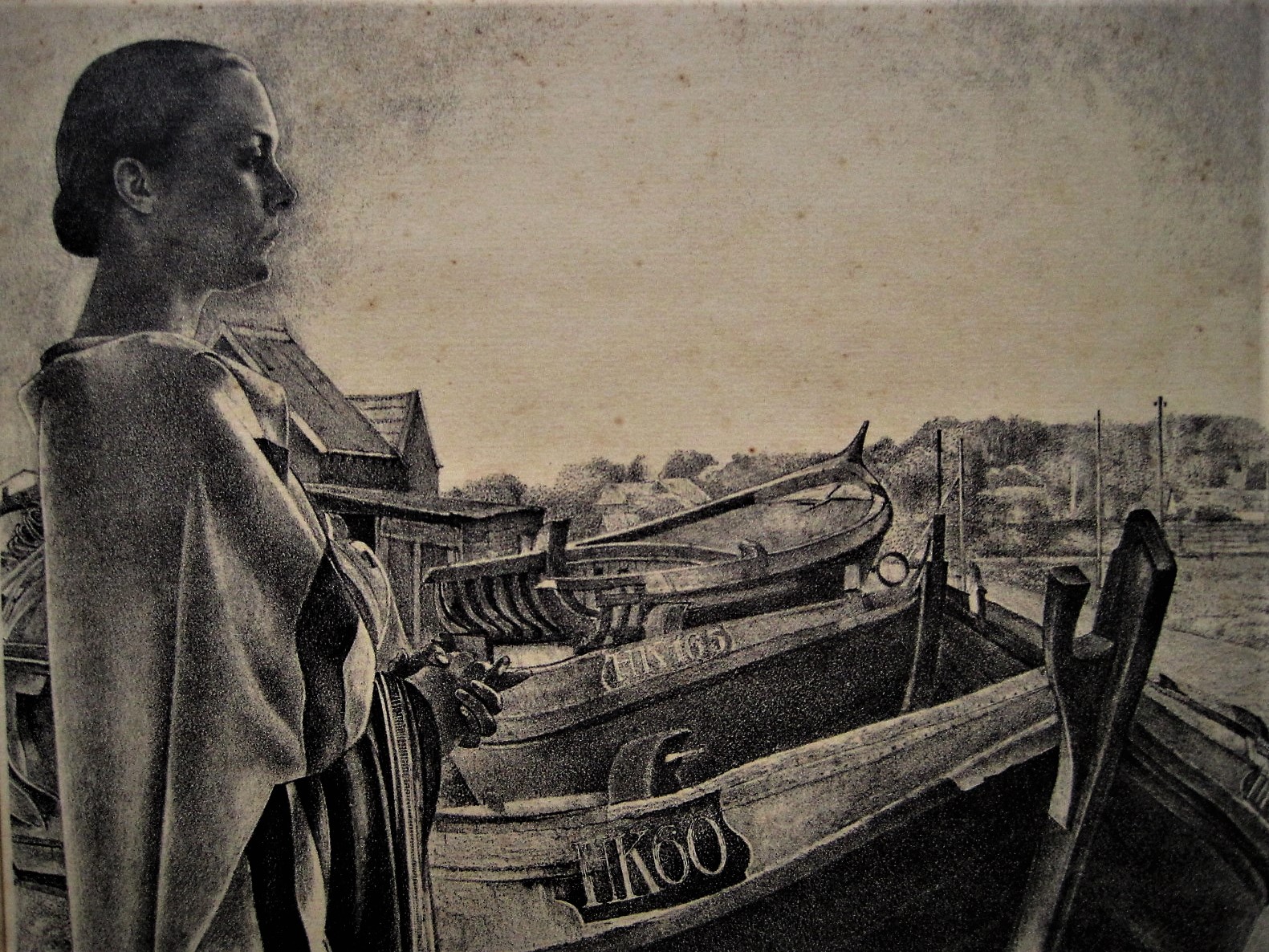 Gijs Voskuyl - Fraaie -1946- realistische Ets "op de Helling in Harderwijk" gesigneerd verkocht voor € 1!