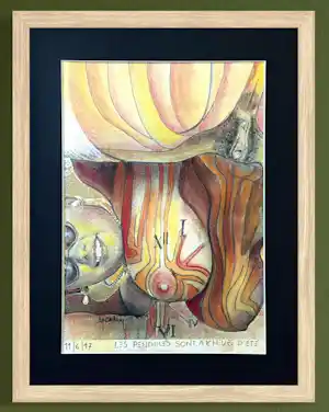 Yvon Adam - Erotisches Kunstwerk „Die Uhren sind auf Sommerzeit gestellt“ Mischtechnik – gerahmt verkocht voor € 50!