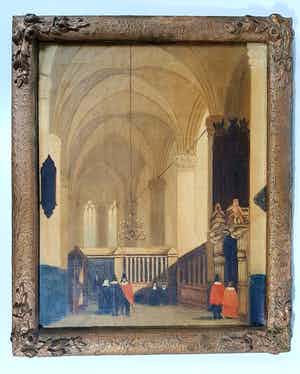 Niet of onleesbaar gesigneerd - Kerk interieur - Olieverf op doek verkocht voor € 1!