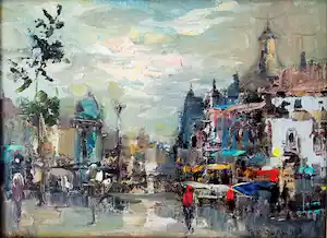Theodorus van Oorschot - Kleurrijk stadsgezicht met figuren vendu pour 200€ !