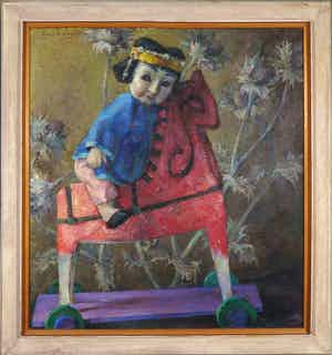 Kreel Daamen - Olieverf op jute, Exotisch ruitertje - Ingelijst verkocht voor € 250!