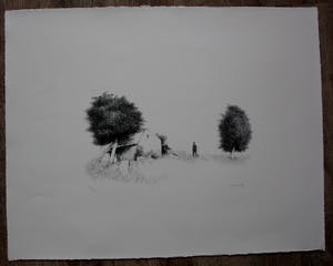 Metten Koornstra - Litho: man in verstild landschap - 1976 kopen? Bied vanaf 65!
