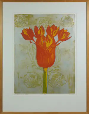 Eliza Kopec - Set van twee mooie kleurenetsen, A blue & red barbarian in a garden - Ingelijst kopen? Bied vanaf 80!