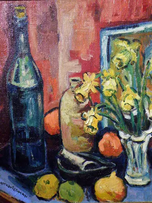 Matthieu Wiegman - Bloemenstilleven met fles en fruit - Bergense School kopen? Bied vanaf 450!