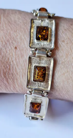 Ambachtelijke prachtige goudbruin amber sterling zilveren schakel armband kopen? Bied vanaf 125!