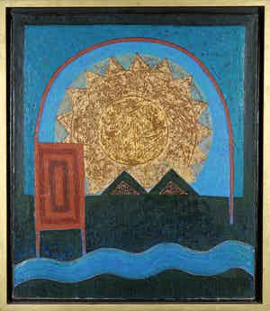 Masoud Mohammed Gharibi - Olieverf op doek, Steenbok bij rivier - Ingelijst verkocht voor € 80!