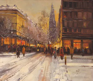 Jan Beaufort - Olieverf op doek, Modern stadsgezicht met figuren kopen? Bied vanaf 1!