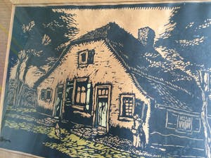 Paul van Dam - Veluwse boerderij | houtsnede - gekleurd in bewerkte houten lijst kopen? Bied vanaf 17!