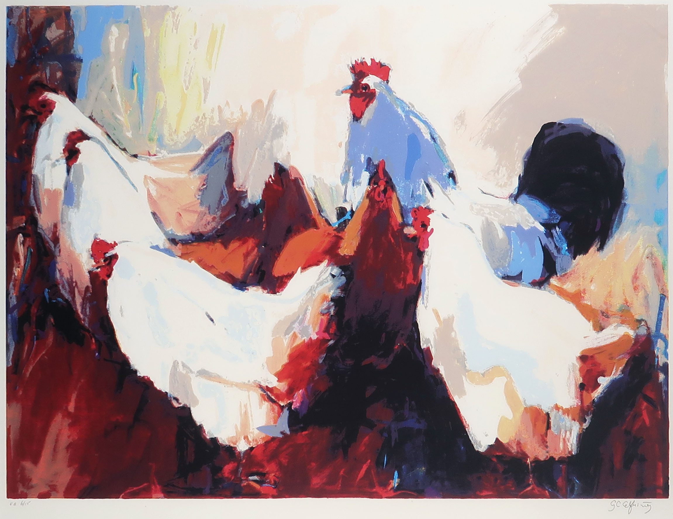 Gerda Elfring - Zeefdruk, Kippen - Ingelijst kopen? Bied vanaf 40!