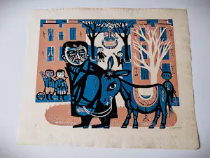 Willem Hoogeveen - leuke naieve kleuren lithografie "man met ezel in stad" zeer kleine oplage kopen? Bied vanaf 38!
