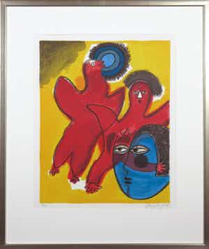 Corneille - Zeefdruk, Couple aux oiseaux - Ingelijst verkocht voor € 1!