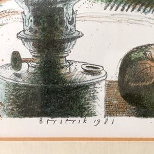 Herman Berserik - Olielamp met fruit - Lithografie, Ingelijst kopen? Bied vanaf 109!