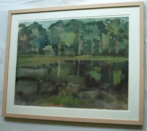 Niet of onleesbaar gesigneerd - Gesigneerde aquarel , Bosgezicht aan het water – Ingelijst , 59 x 74 cm. kopen? Bied vanaf 10!
