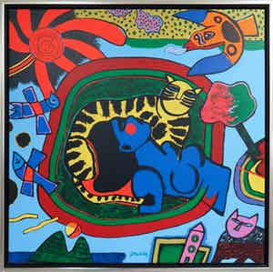 Corneille - Zeefdruk op doek, Le chat roi - Ingelijst verkocht voor € 400!