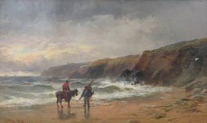 George H. Jenkins - Olieverf op paneel, Strandgezicht met figuren - Ingelijst kopen? Bied vanaf 100!