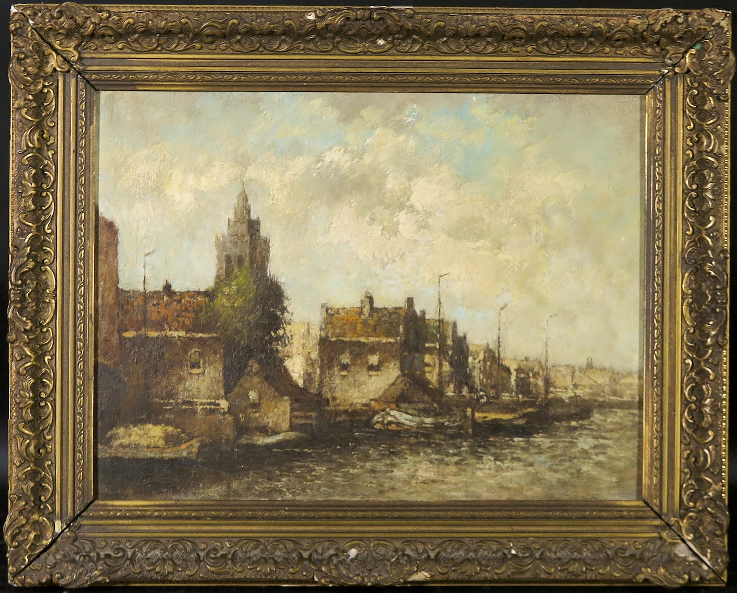 Niet of onleesbaar gesigneerd - Olieverf op paneel, Stadsgezicht vanaf het water - Ingelijst kopen? Bied vanaf 1!