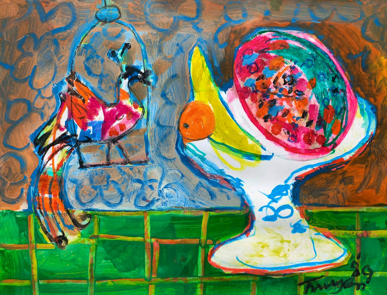 Buy Hans Truijen - De roze meloen en de paradijsvogel, gouache (netjes ingelijst, groot)? Bid from 695!