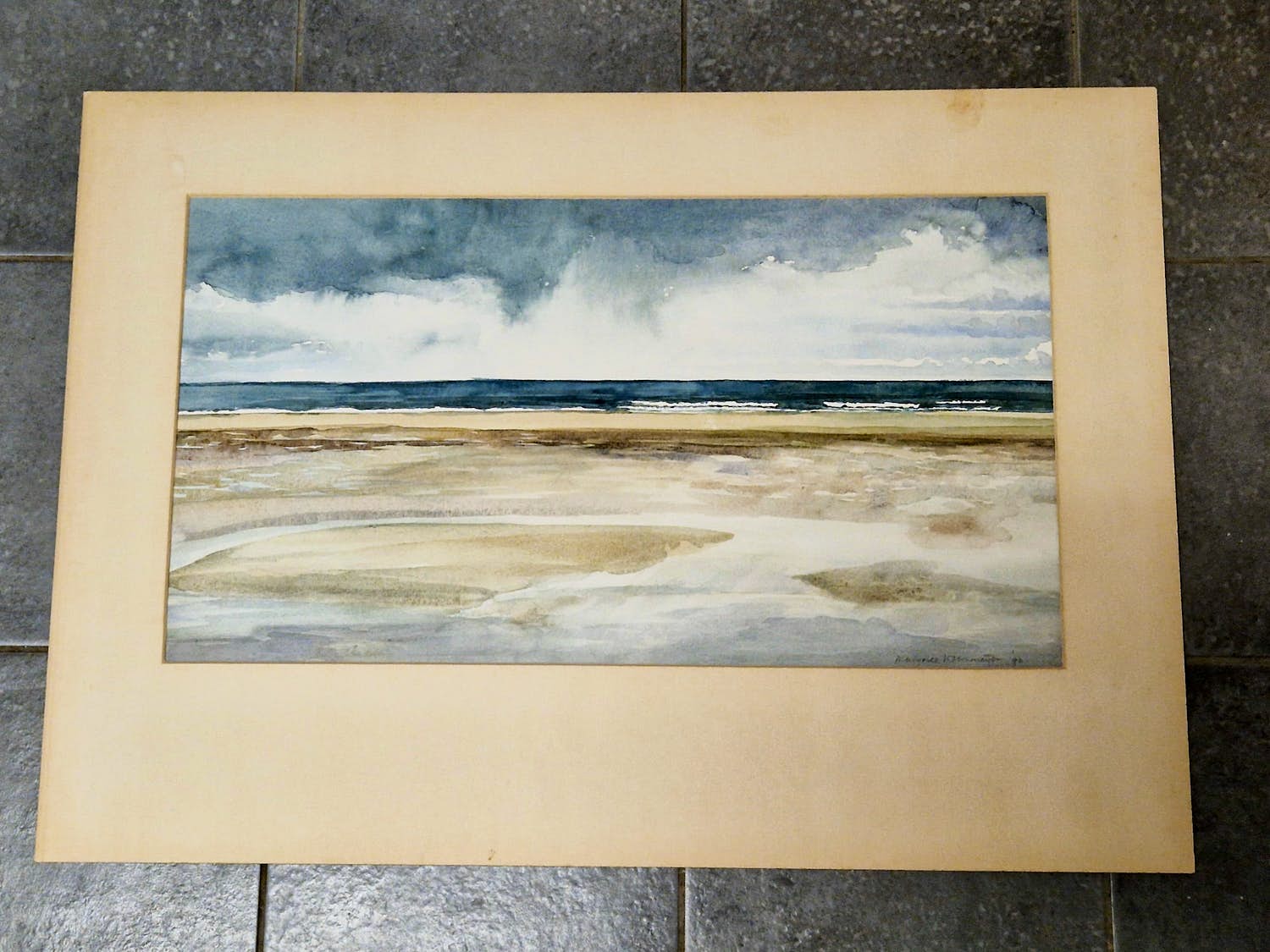 Margriet Wehrmeijer - Grote gouache op karton "Kustgezicht" gesigneerd - in passe partout verkocht voor € 40!