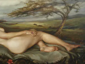 Cas Waterman - Olieverf op doek , ‘Corot’ , Naakt, landschap en kikker - 2003 kopen? Bied vanaf 500!