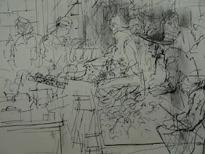 Piet Klaasse - Ingelijste litho (of tekening?) , Mea Sjearim Jerusalem - 1966 kopen? Bied vanaf 50!